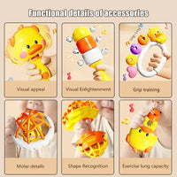 Set of baby toys with text describing their functions