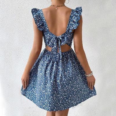 blue Ruffled With Bow-tie Backless Casual Holiday  Dress