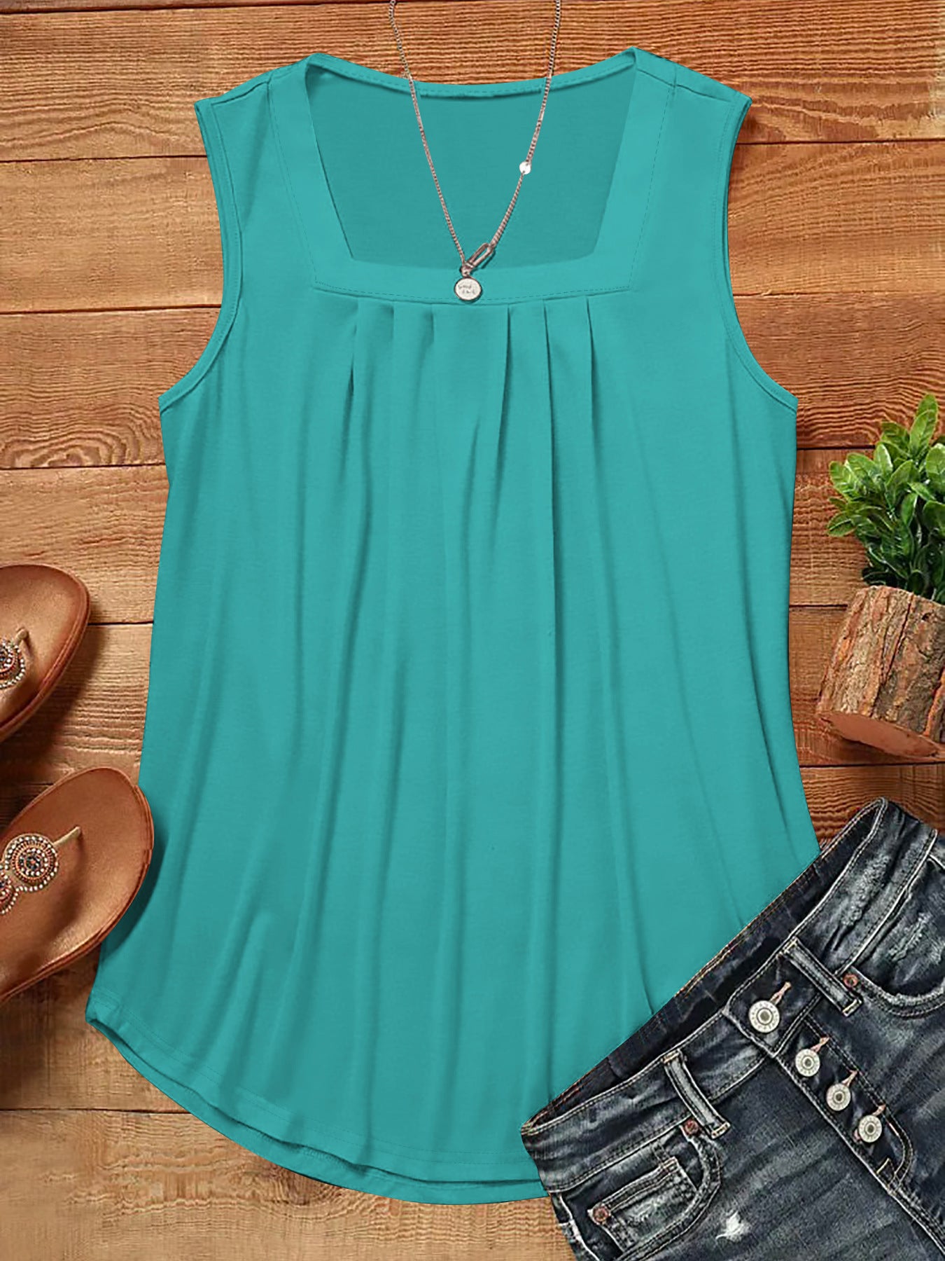 Casual Pleated Square Collar Tank Top