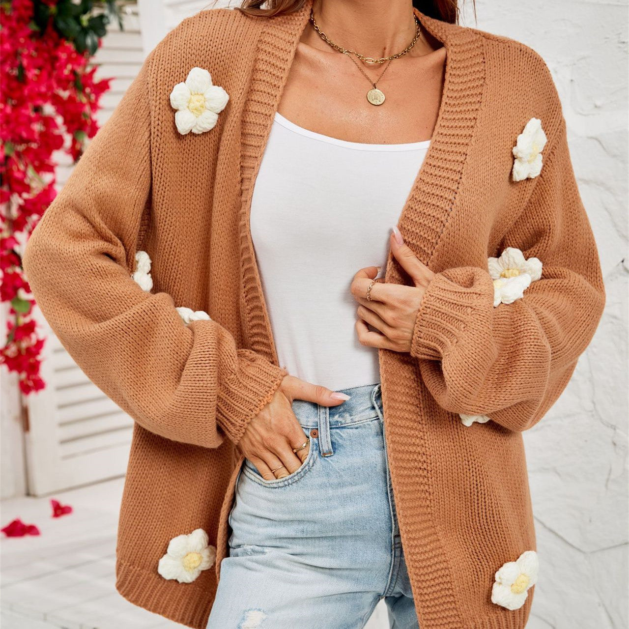 Casual Flower Cardigan Lantern Sleeve Sweater Coat