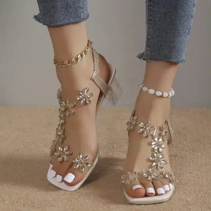 Rhinestone Block Heel Sandals