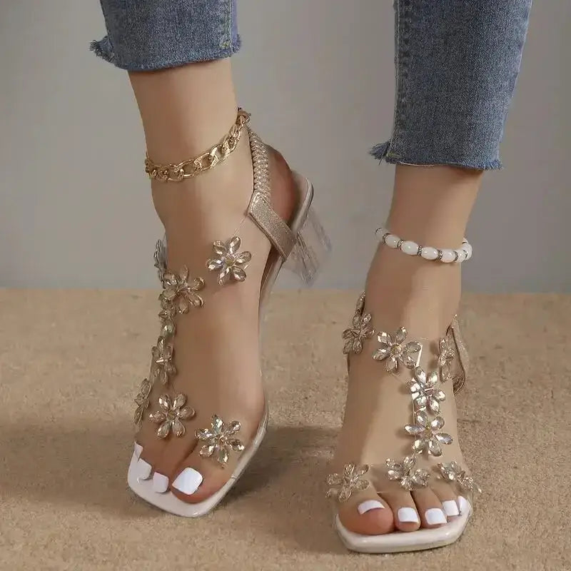 Rhinestone Block Heel Sandals