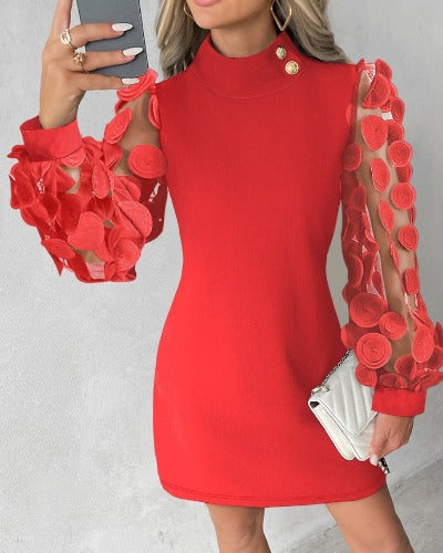 red Lace Long Sleeve Dress - Stylish Puff Sleeve Design