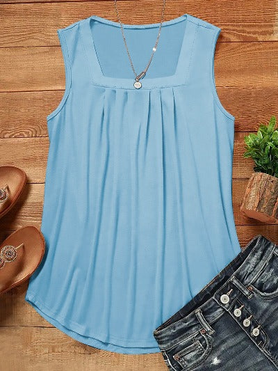 blue Casual Pleated Square Collar Tank Top