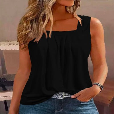 Casual Pleated Square Collar Tank Top