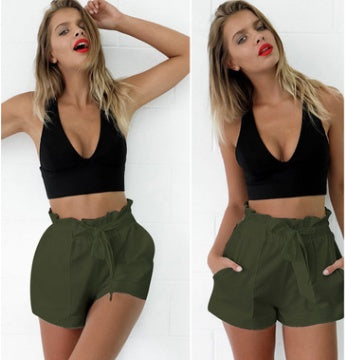 green Cotton Loose Shorts with Pockets