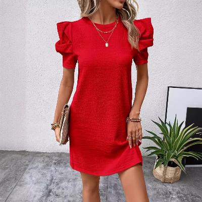 red  Puff Sleeve Waist Tunic Dress