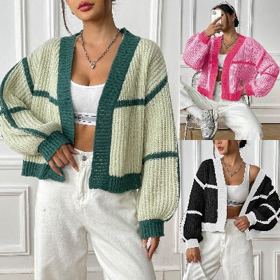 Color Contrast Patchwork Short Casual Loose Woven Sweater Cardigan