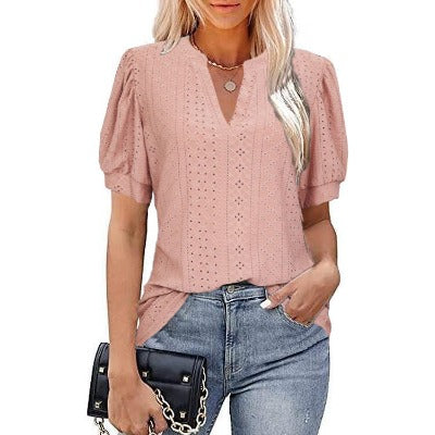 pink V-neck Solid Color Hollow Bubble Sleeve Loose T-shirt