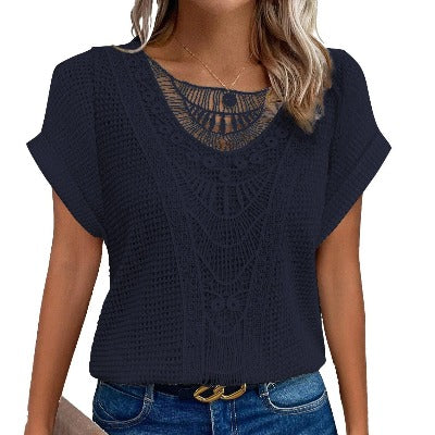 navy knit Lace Patchwork Short-sleeved T-shirt