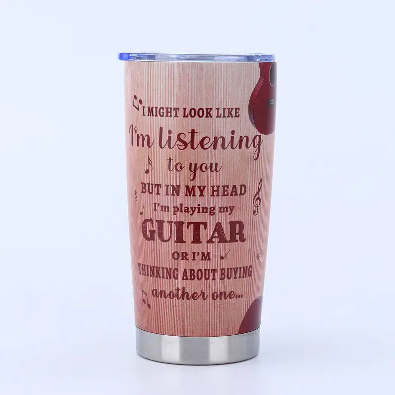 Guitar-themed insulated tumbler.
