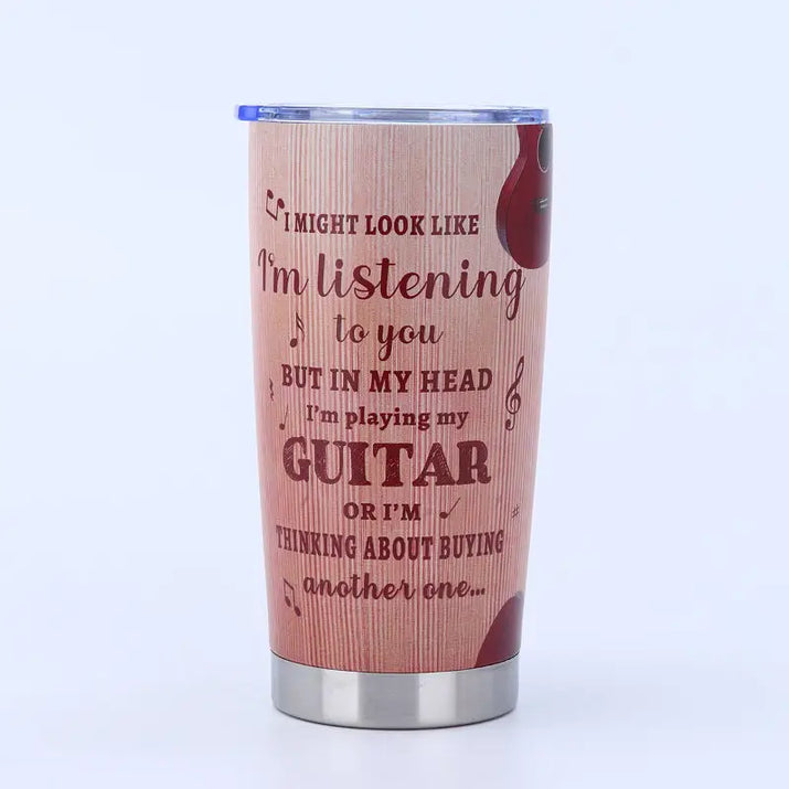 Guitar-themed insulated tumbler.