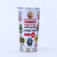 Insulated tumbler with cartoonish brain-themed design.