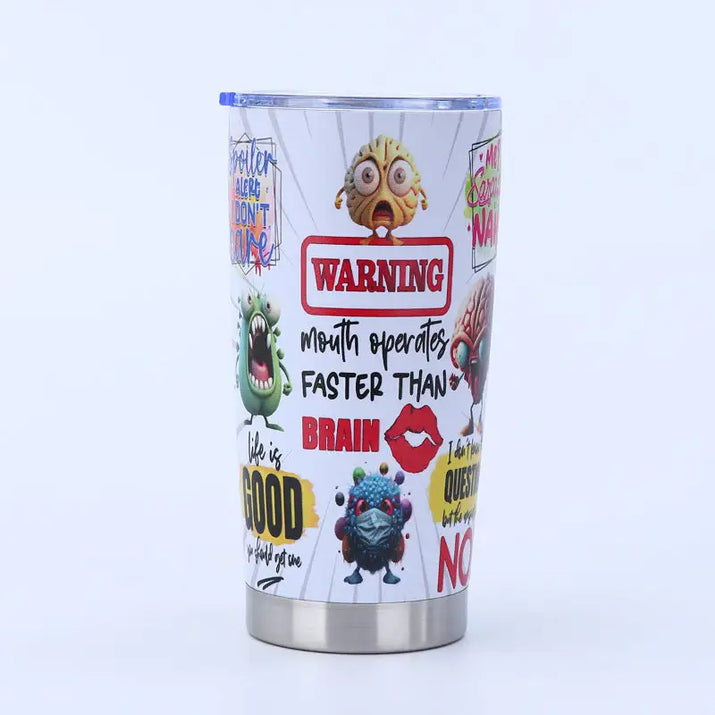 Insulated tumbler with cartoonish brain-themed design.