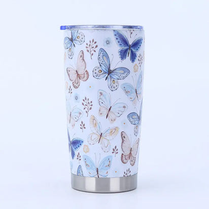 Butterfly-patterned stainless steel tumbler.