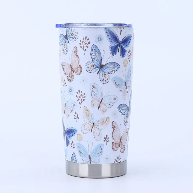Butterfly-patterned stainless steel tumbler.