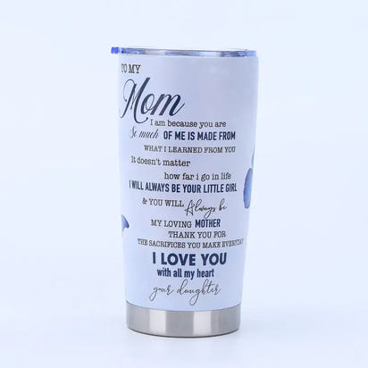 White tumbler with sentimental message.