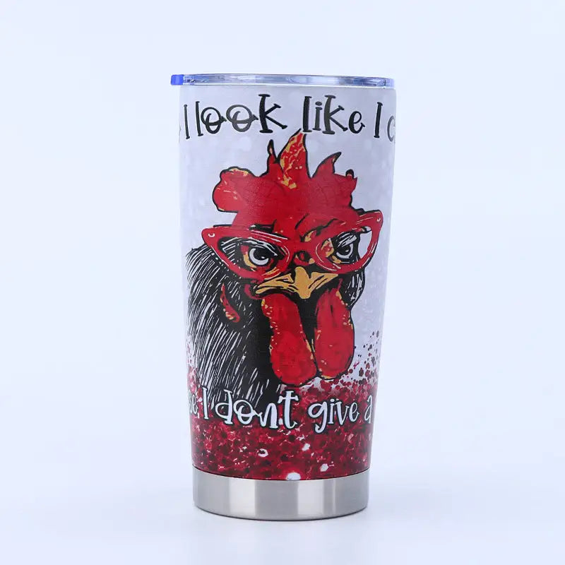 Chicken-themed insulated tumbler.