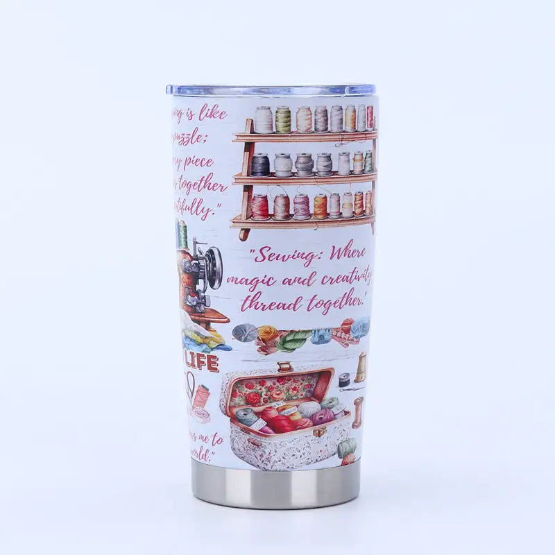Sewing-themed insulated tumbler.