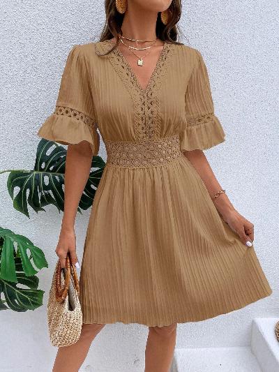 beige Hollow Out Swing Dress