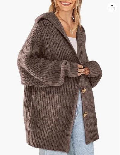 Women's Lapel Pocket Knitted Button Mid-length Coat Cardigan