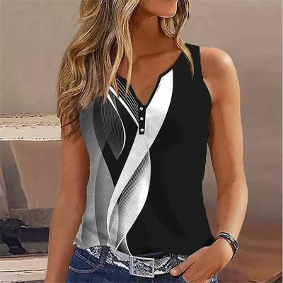 black and white V-neck Abstract Tank Top