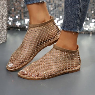 nude New Rhinestone Design Hollow Flat Sandals