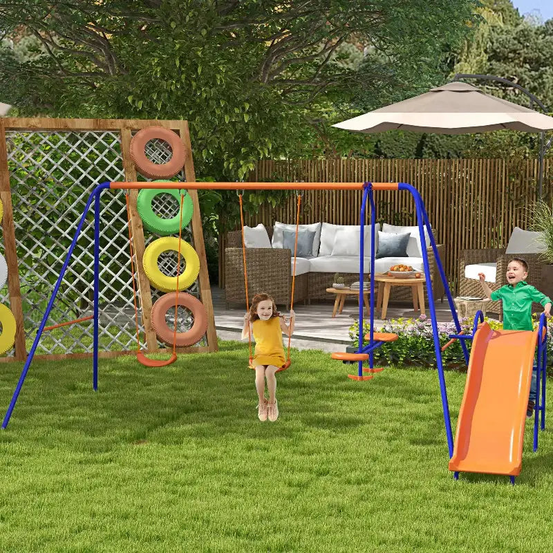 Backyard playset with swings and slide.