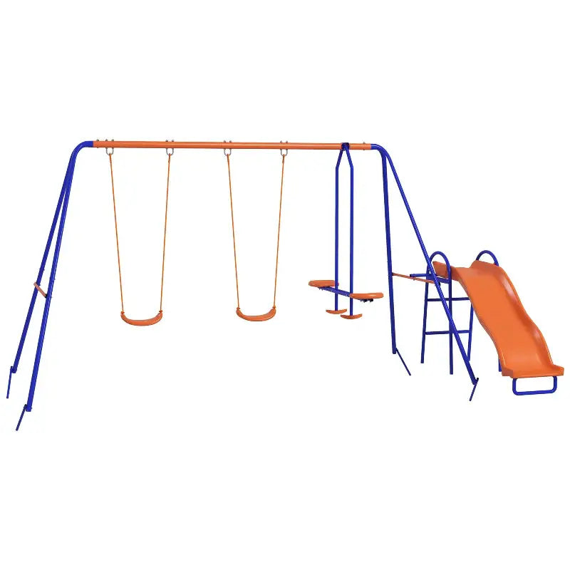 Blue and orange metal swing set with slide.