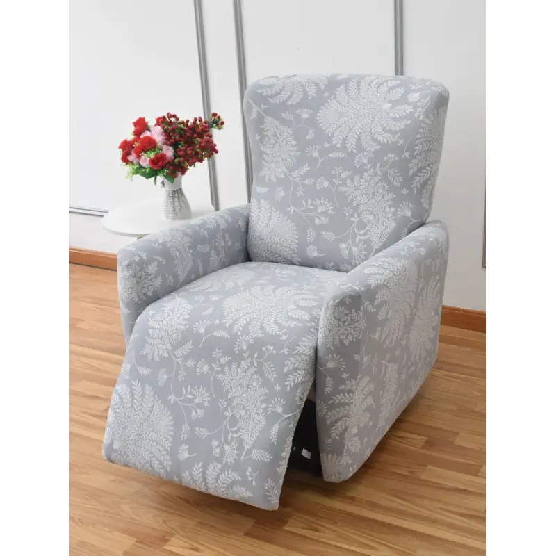 Gray floral recliner chair.