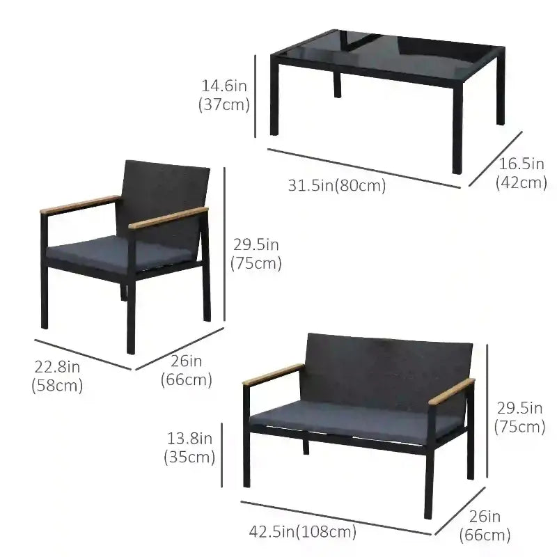 Outdoor furniture set with dimensions.
