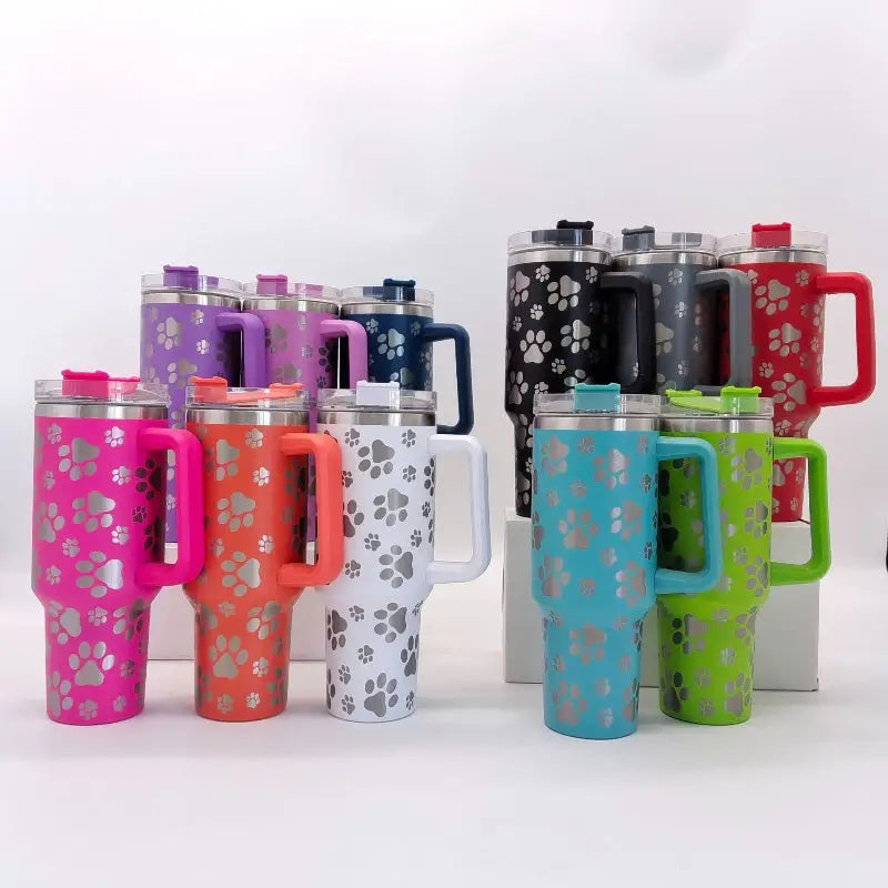 Colorful paw-print travel mugs.