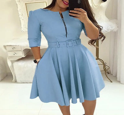 Zipper Mid-Length-Sleeved Dress - Stylish Fall Fashion