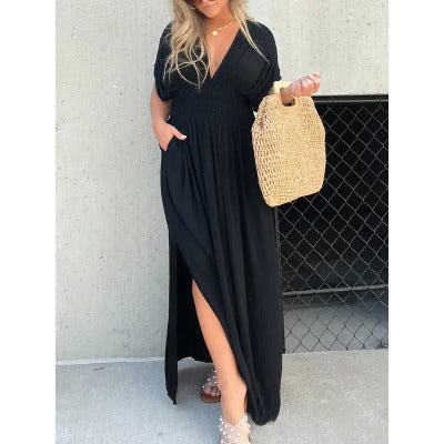 black v neck long high slit sexy maxi dress