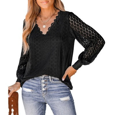 V-neck Lace Hollowed-out Casual Long-sleeved Shirt - Stylish Wear