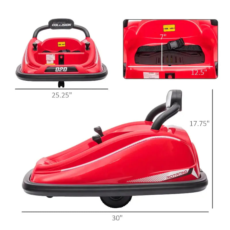 Red bumper car with dimensions for 12V Kids Bumper Car, perfect kids bumper toy