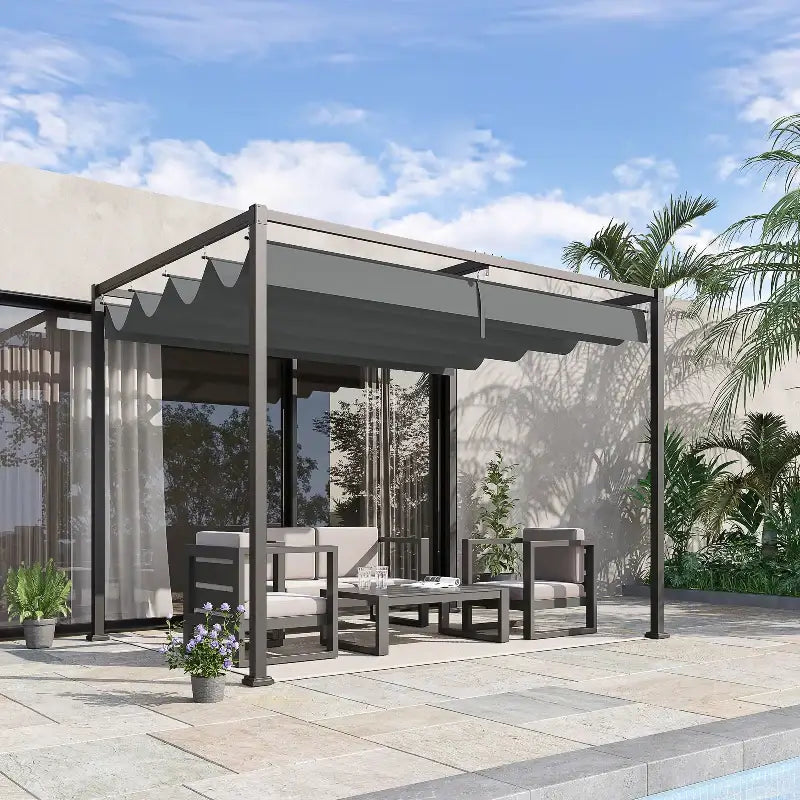 Gray Metal Frame Pergola Gazebo with outdoor furniture for stylish backyard shade