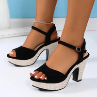 Open-Toe Hollow Buckled High-Heel Shoes
