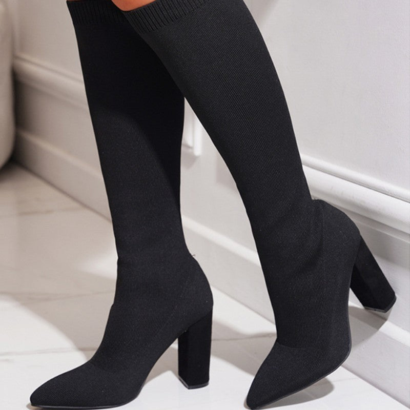 Autumn And Winter  Pointed Toe Chunky Heel Stretch Boots