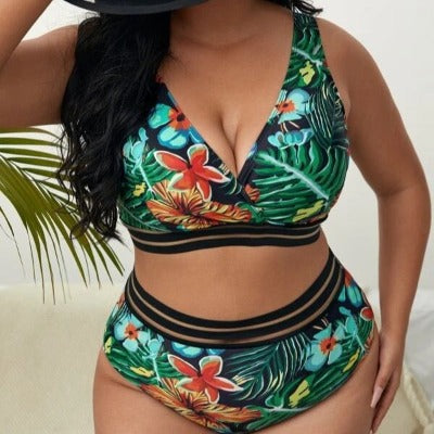 green Plus Size  Flower High Waist Bikini