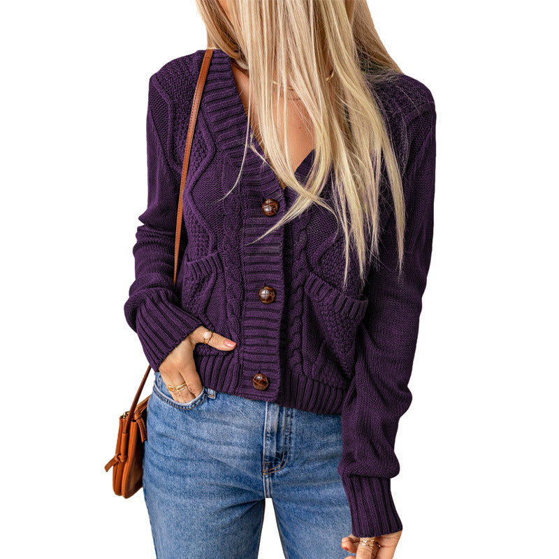 Solid Color Knitted Pocket Button Cardigan