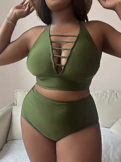 green Plus Size Solid Color Hollow Halter Bikini