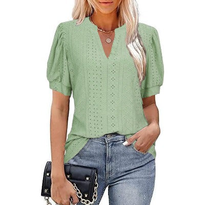 V-neck Solid Color Hollow Bubble Sleeve Loose T-shirt