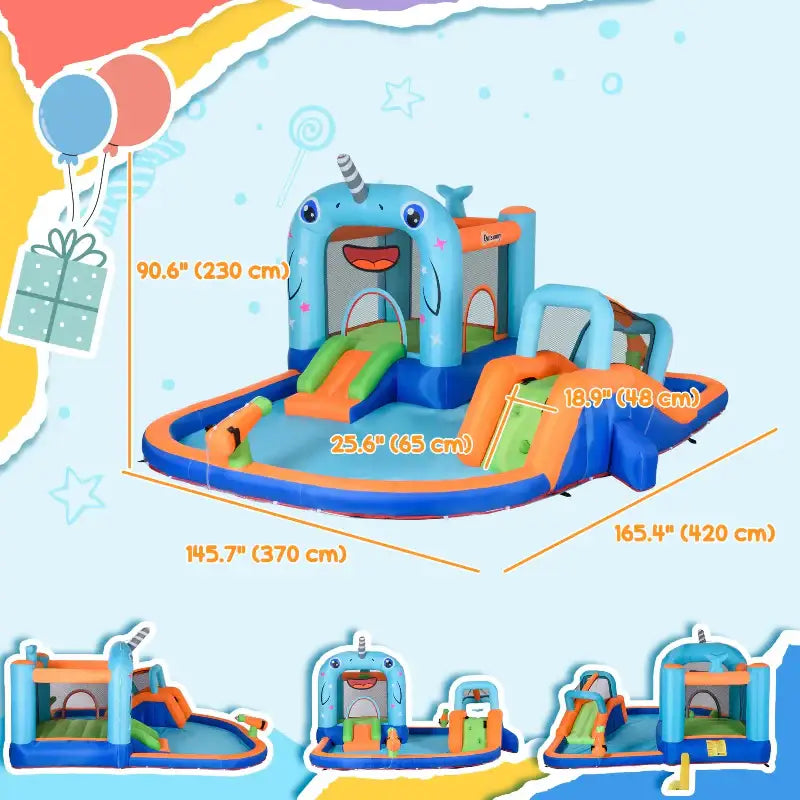Inflatable water park with slides and pool.