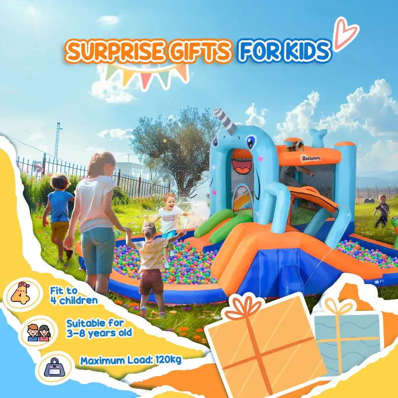 Inflatable narwhal-themed bounce house with ball pit.