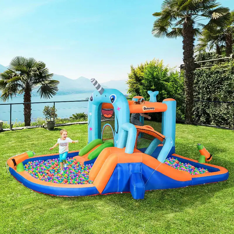 Inflatable unicorn-themed water park.