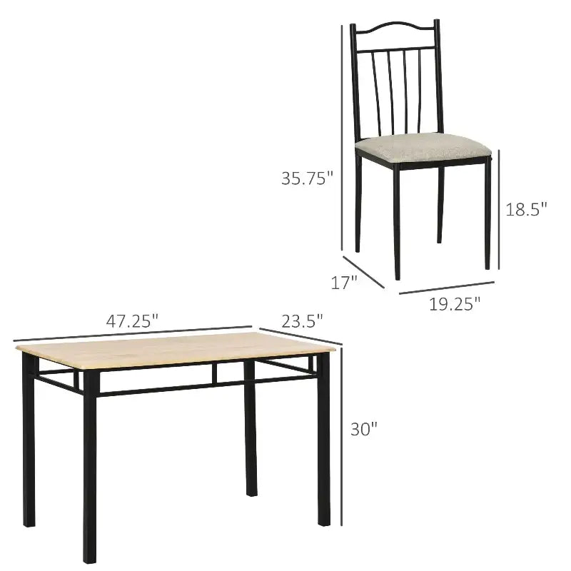 Dining table and chair set with dimensions.