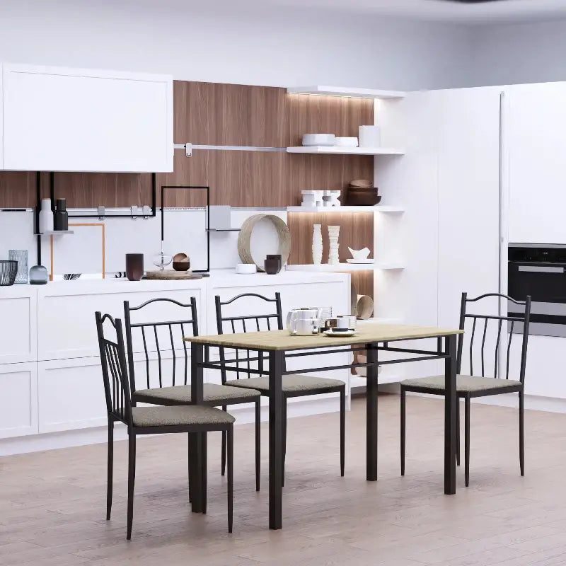 Dining table set with four chairs.