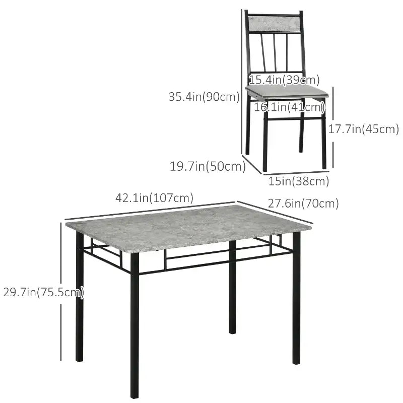 Dining table and chair set with dimensions.