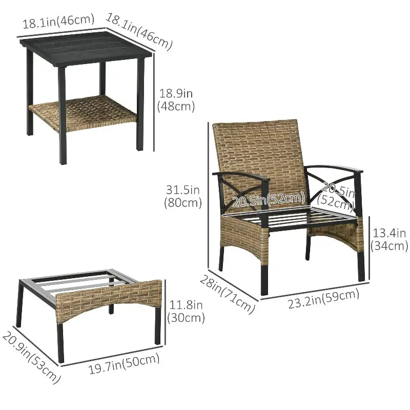 Outdoor furniture set with dimensions.